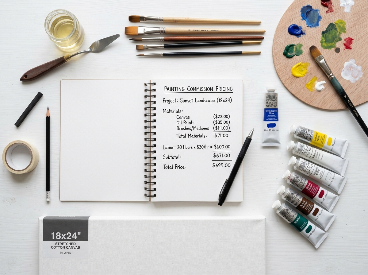 Art supplies with pricing calculations in notebook